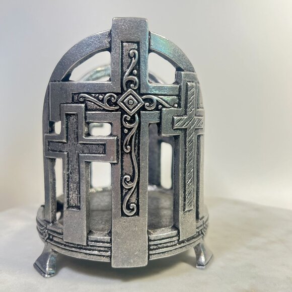 Vtg Pewter 3 Cross Candle Holder Easter Carson Indiana Candle up to 4" Diameter - Picture 4 of 5